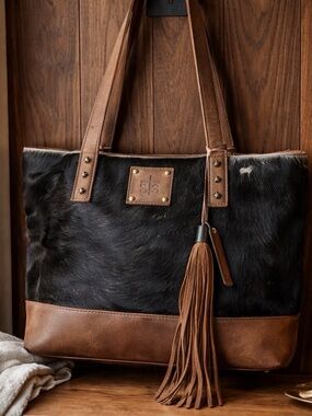 STS Ranchwear Black Haircalf and Brown Leather Tassel Tote